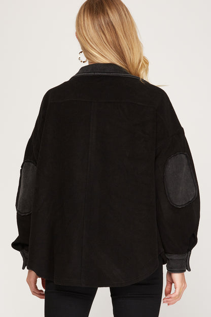 Black Heavy Knit Button Down Shacket
